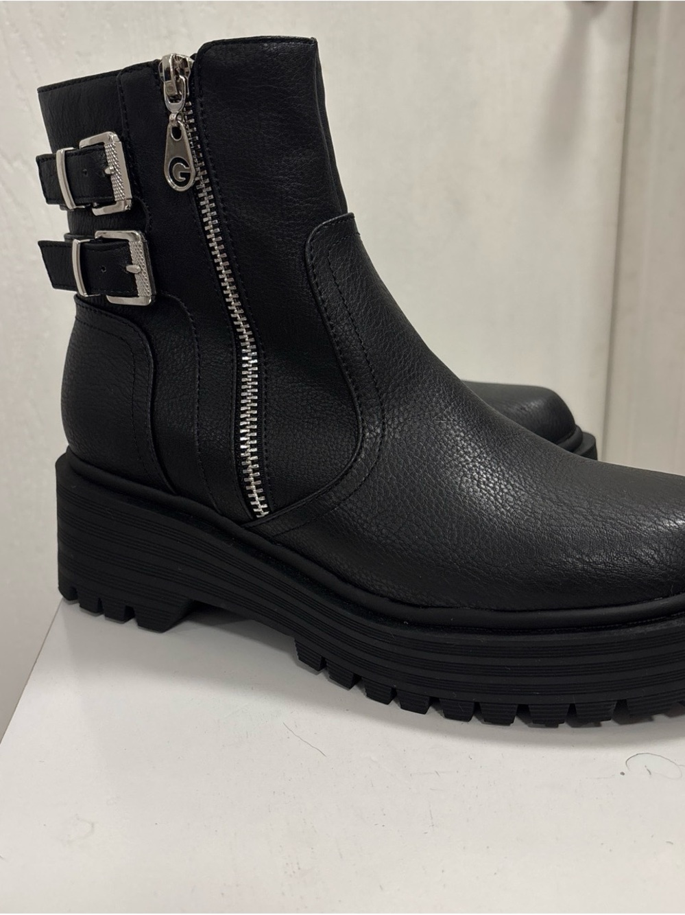 GBG Los Angeles Black Buckle & Zip Platform Ankle Boots